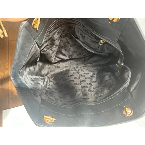 Michael Kors Jet Set Travel Large Leather Gold Chain Shoulder Tote Black Handbag - Picture 7 of 14